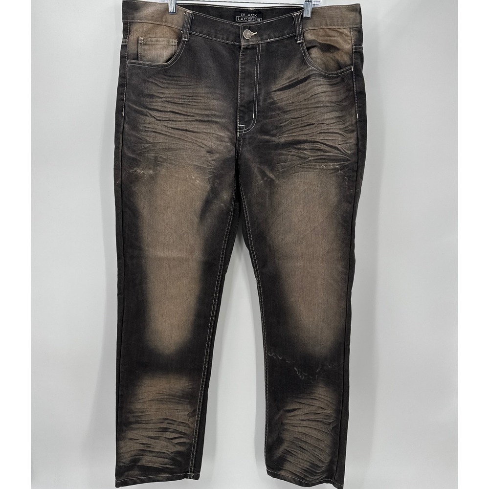 Black Lacquer Mens Distressed Wash Denim‎ Jeans Size 36x32 Straight Fit Casual